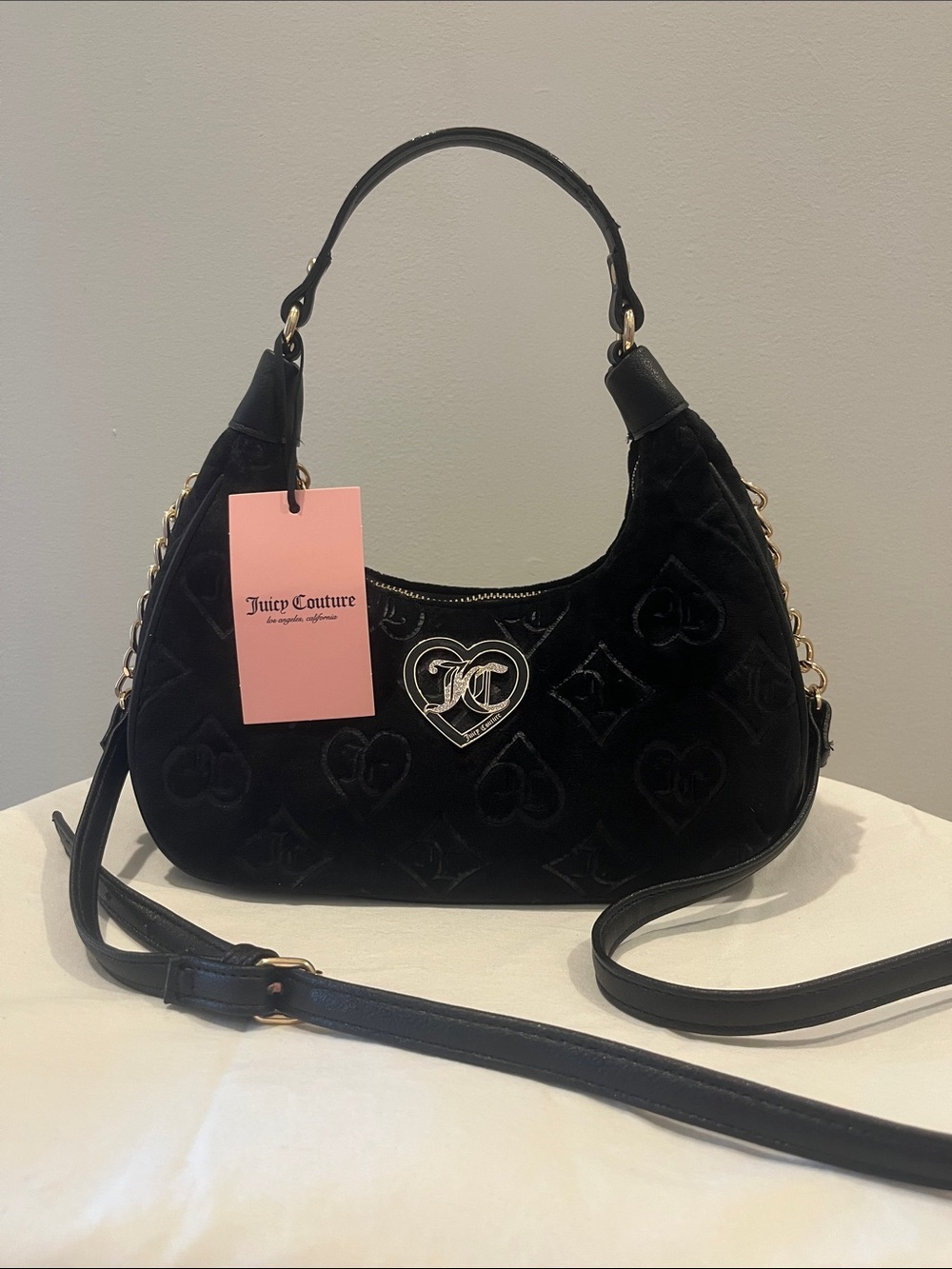 Juicy Couture Black Velvet Heart Emblem Shoulder Bag
